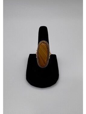 Avon Gold Tone Ring Brown Faux Banded Agate Cabochon Statement Size 6.5